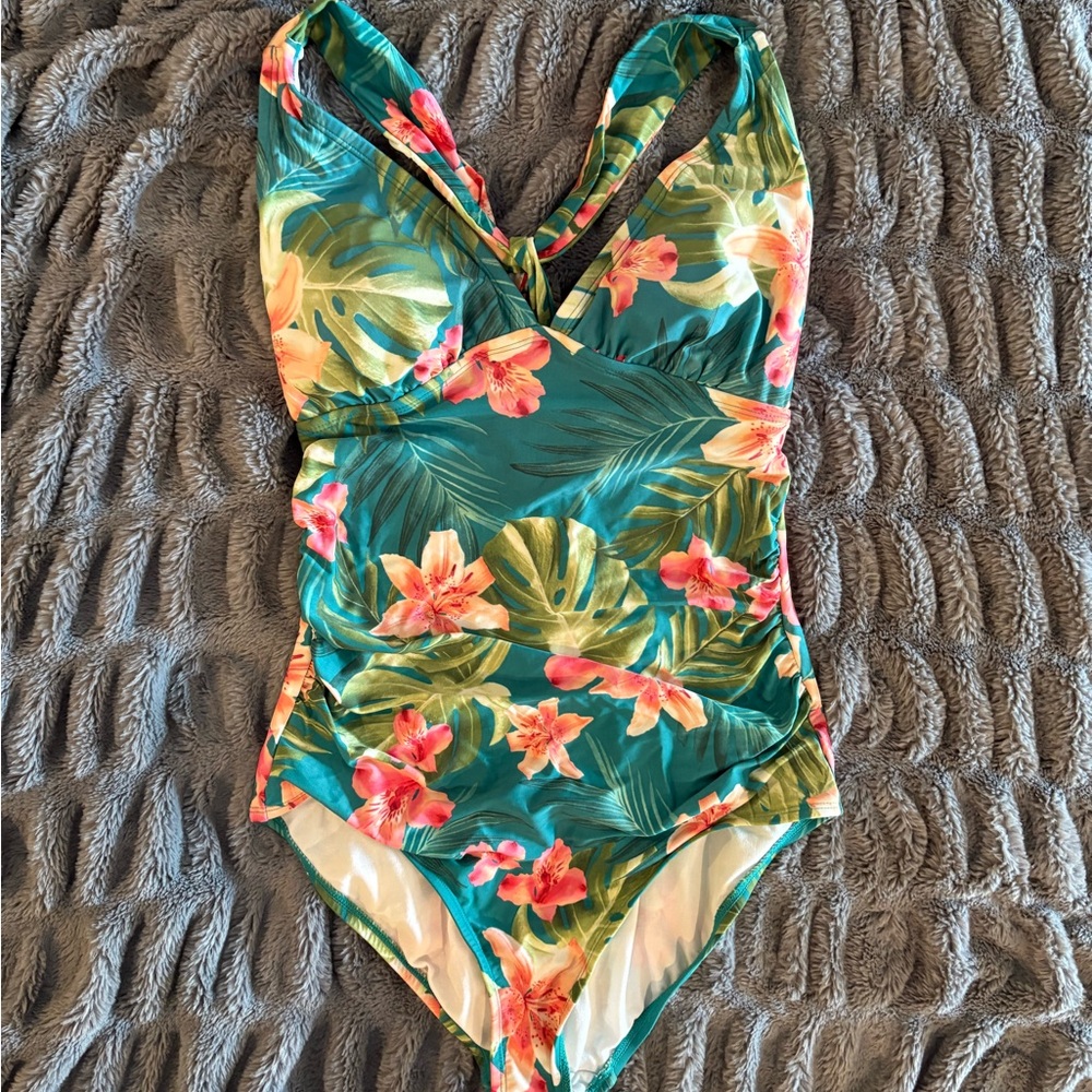Kona Sol Tropical Floral One Piece Swimsuit - Green and Pink